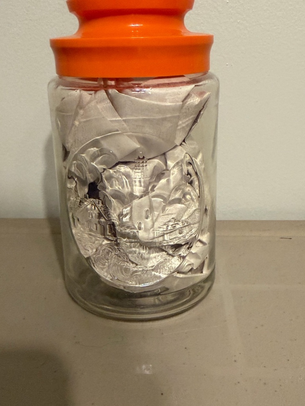Vintage Anchor Hocking Tang Glass Jar Canister Orange Lid Lighthouse Storage Jar
